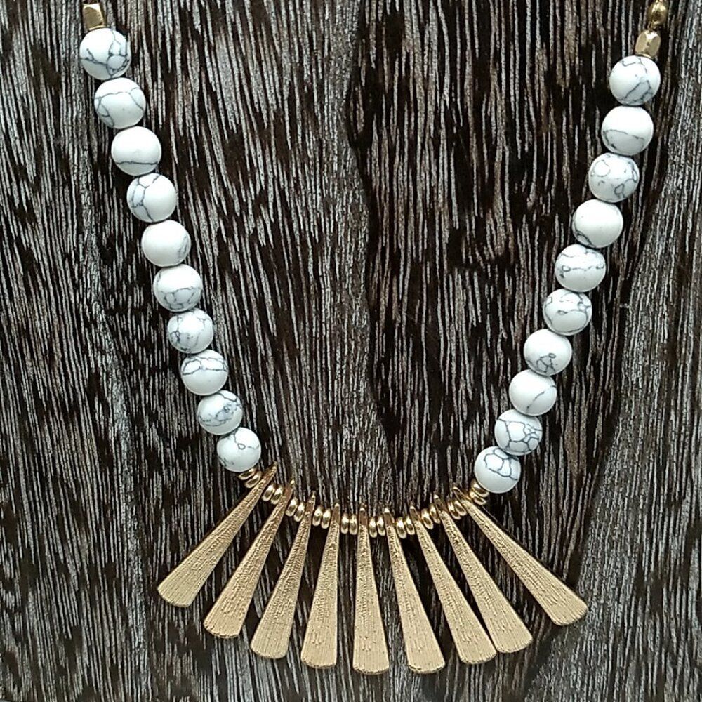 Long Marbled Beaded Statement Necklace with Gold-tone Textured Bar Pendants